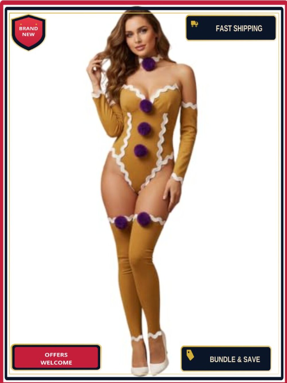 Sexy Gingerbread Christmas Costume Set Purple Pom Pom Lace Cosplay
